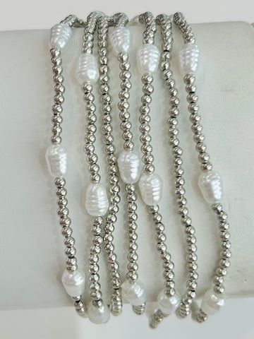 Set of Seven Pearl Beaded Stretch Bracelets - Silver