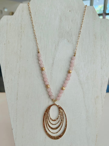 Long Beaded Oval Pendant Necklace - Pink