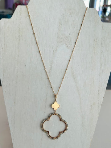 Beaded Clover Pendant Long Necklace - Grey