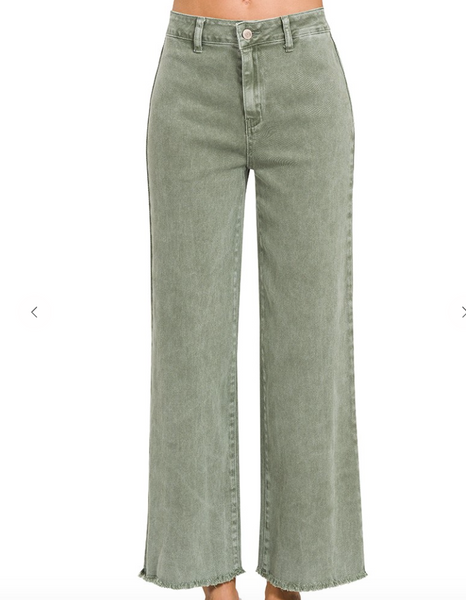 Acid Washed Wide-Leg Pants - Olive