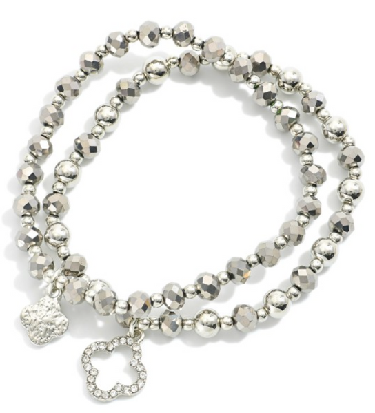 Clover Beaded Stretch Bracelet Set - Silver