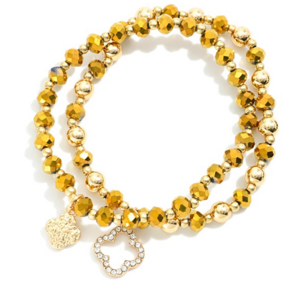 Clover Beaded Stretch Bracelet Set - Gold