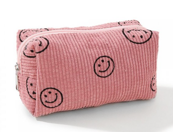 Happy Face Corduroy Makeup Pouch - Pink