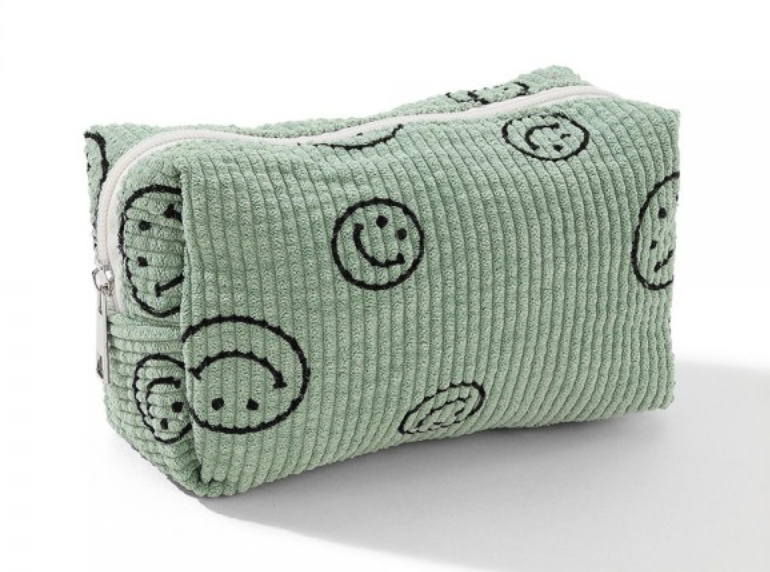 Happy Face Corduroy Makeup Pouch - Green