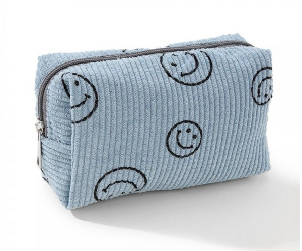 Happy Face Corduroy Makeup Pouch - Blue