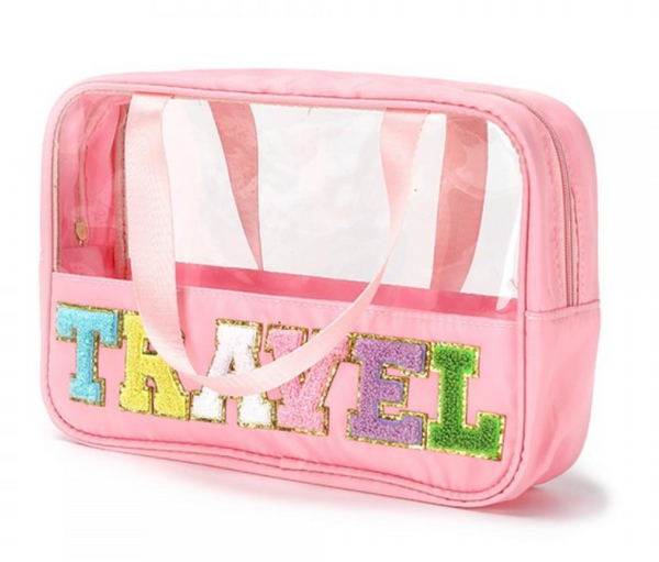 Pink "Travel" Patch Letter Makeup Bag