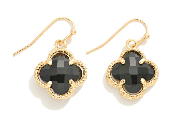 Glass Crystal Clover Drop Earrings - Black