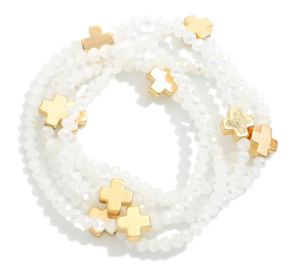 Cross Beaded Stretch Bracelet Set - White