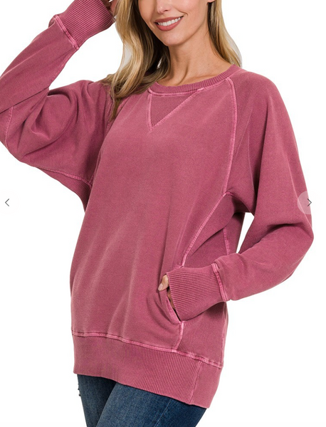 Play It Cool Washed Pullover - Cabernet