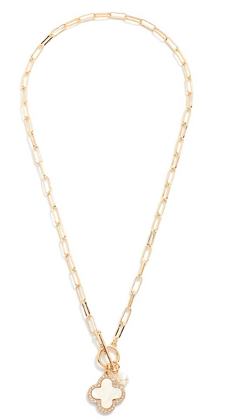 Paperclip Toggle Necklace with Clover Pendant - Gold