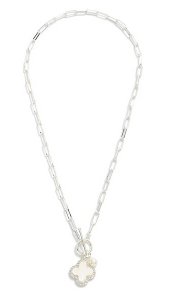 Paperclip Toggle Necklace with Clover Pendant - Silver