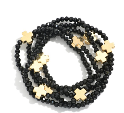 Cross Beaded Stretch Bracelet Set - Black