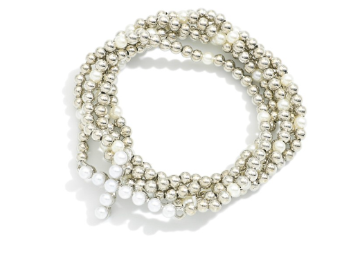 Set of Five Metal Tone and Pearl Beaded Stretch Bracelets - Silver