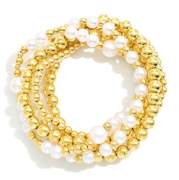 Set Of Five Beaded Stretch Bracelets - Gold