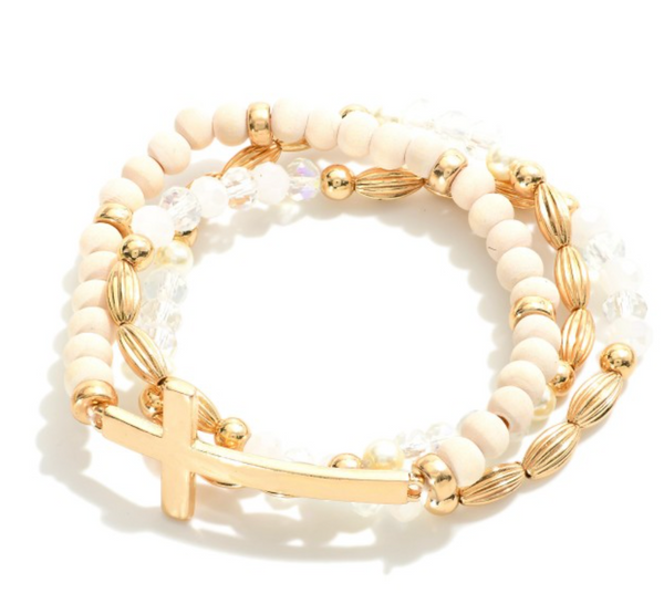 Metal Cross Bracelet Set - White