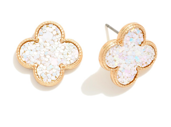 Glitter Clover Drop Earrings - White