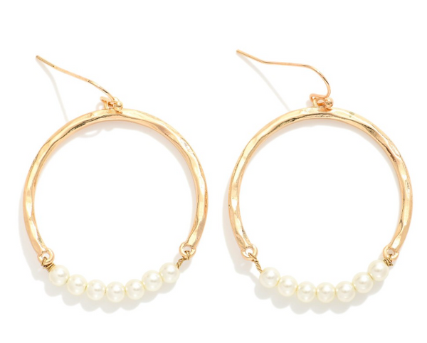 Hammered Metal Hoop/Pearl Drop Earrings - Gold
