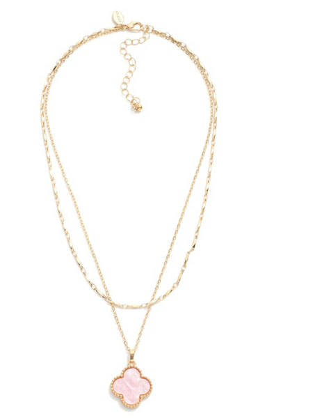 Layered Necklace Featuring Clover Station - Pink