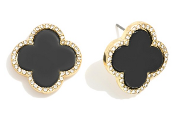 Clover Stud Earrings with Rhinestones - Black