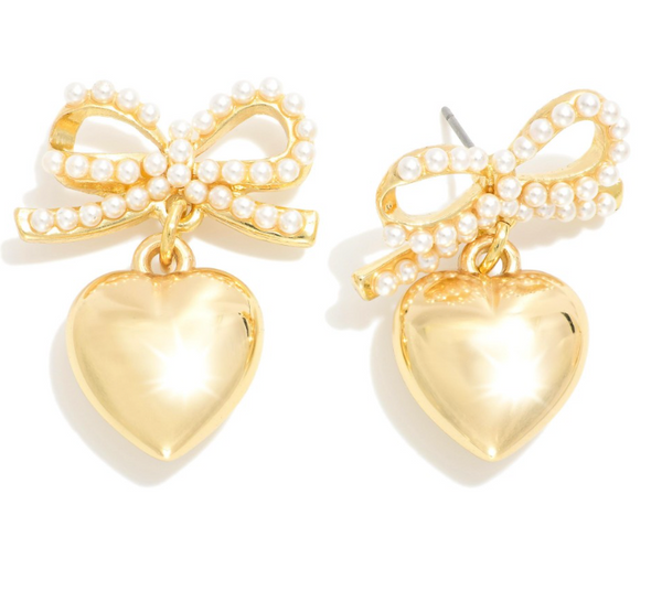 Heart Shaped Earrings with Bow Post - Gold