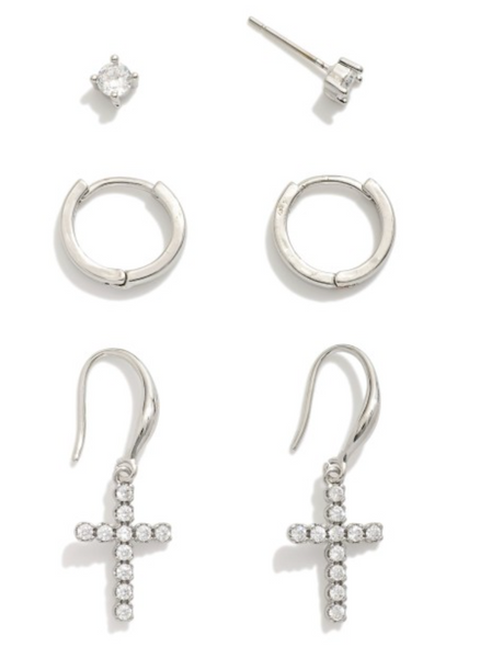 Set of Three Cross Earrings - Silver