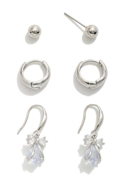 Set of Three Rhinestone Earrings - Silver