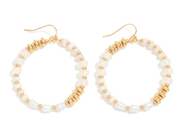 Beaded Drop Hoop Earrings - White