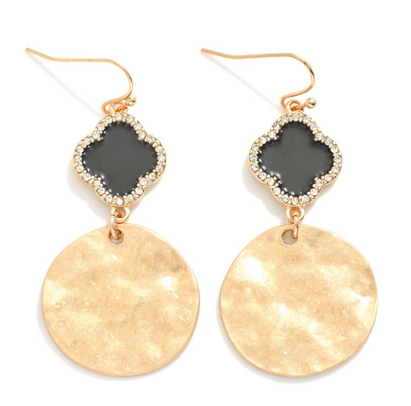 Clover/Hammered Metal Disk Drop Earrings - Black