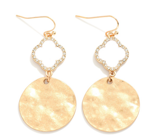 Clover/Hammered Metal Disk Drop Earrings - White