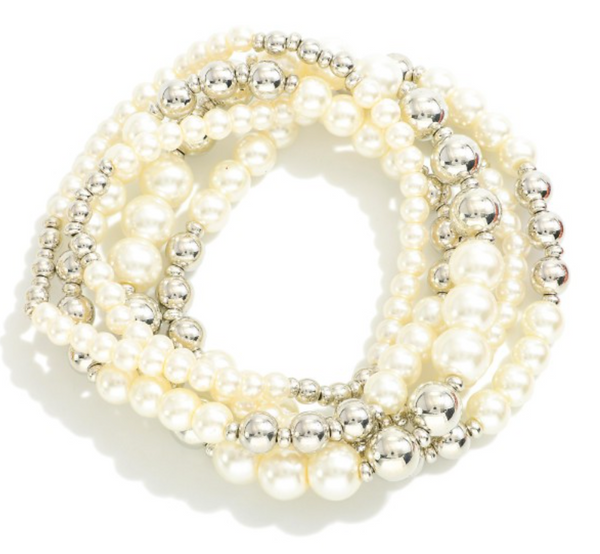 Set of Five Beaded Stretch Bracelets - Silver