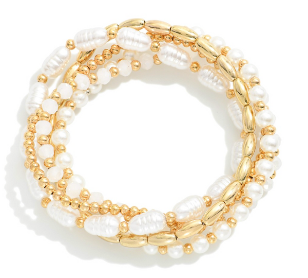 Pearl Beaded Stretch Bracelet Set - Gold