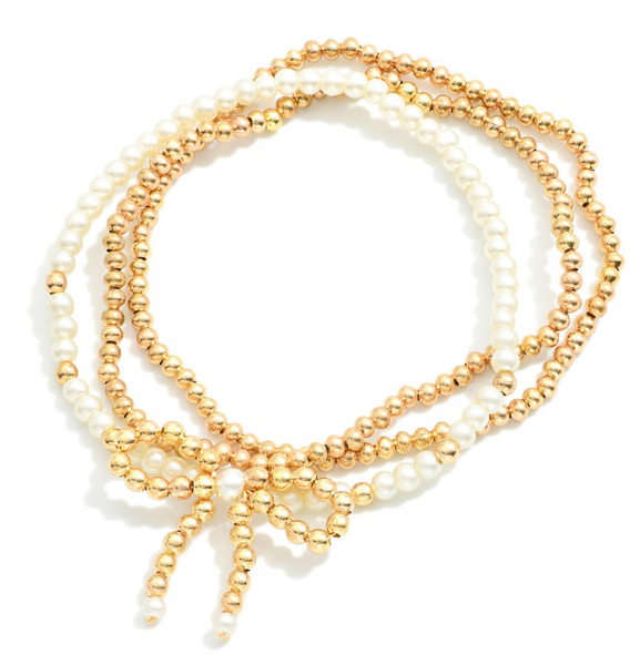 Beaded Bow & Pearl Stretch Bracelet Set - Gold