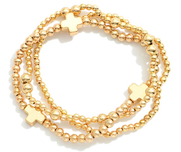 Cross Beaded Stretch Bracelet Set - Gold