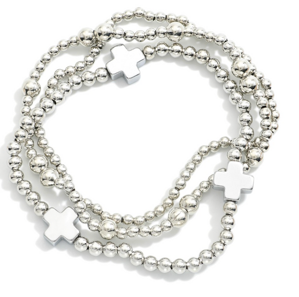 Cross Beaded Stretch Bracelet Set - Silver