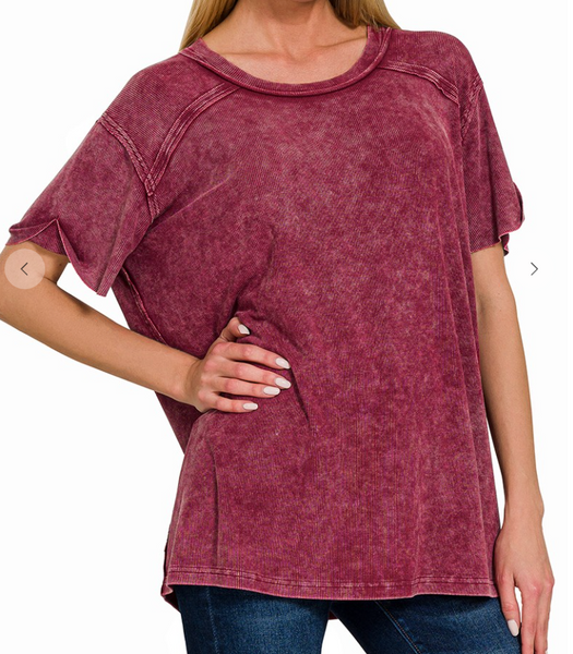 Ribbed Acid Wash Tee - Maroon