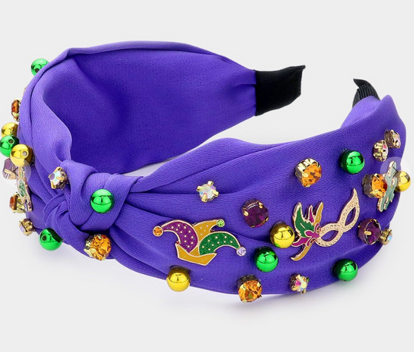 Mardi Gras Rhinestone Knot Headband - Purple