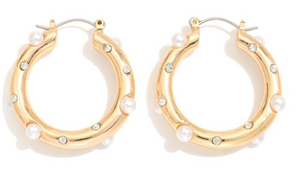 Hoop Earrings With Pearl & Rhinestone Accents - Gold