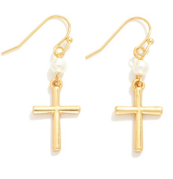Metal Cross and Pearl Drop Earrings - Gold