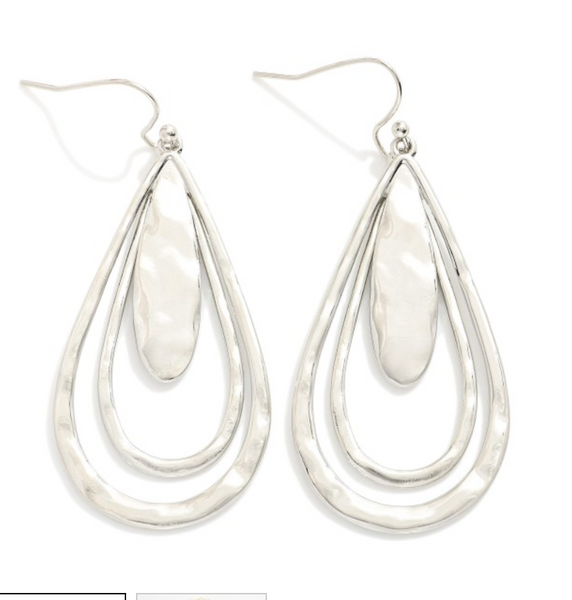 Hammered Metal Nesting Teardrop Drop Earrings - Silver