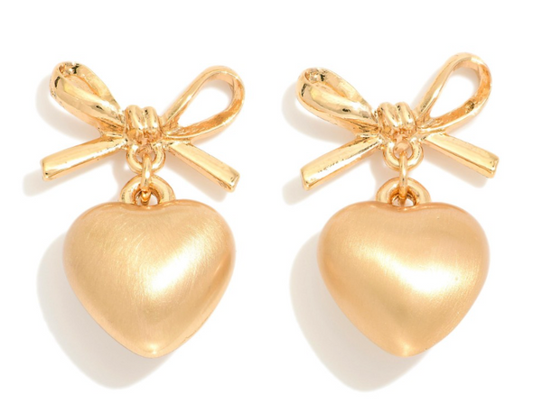 Metal Bow Heart Drop Earrings - Gold