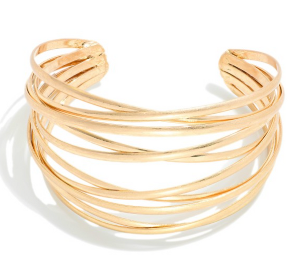 Metal Tone Layered Criss Cross Cuff Bracelet - Gold