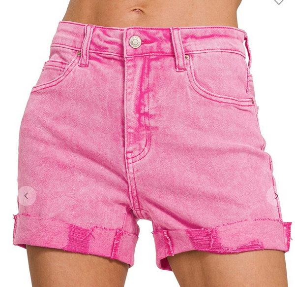 Cuffed Denim Shorts - Pink