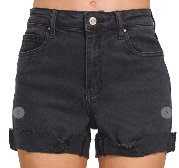 Cuffed Denim Shorts - Black