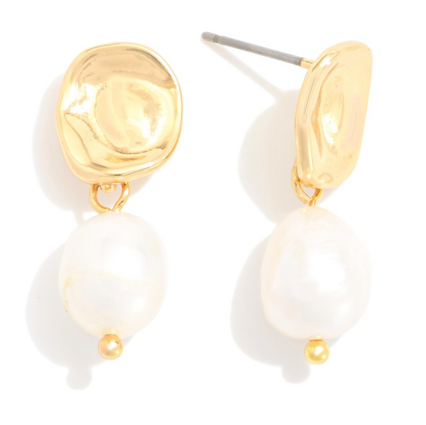 Linked Metal & Pearl Drop Earrings - Gold