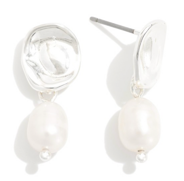 Linked Metal & Pearl Drop Earrings - Silver