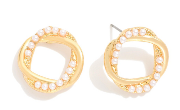 Pearl Studded Intertwined Stud Earrings - Gold