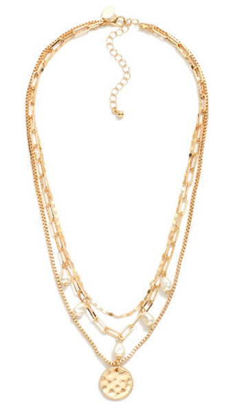 Hammered Metal Circle Pendant Layered Necklace - Gold