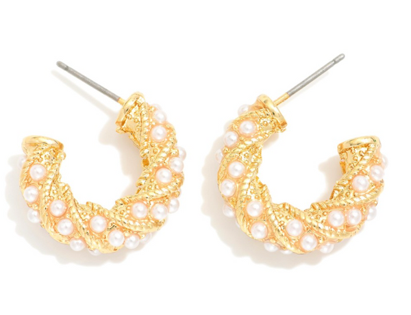 Hoop Earrings Featuring Pearl Accents - Gold