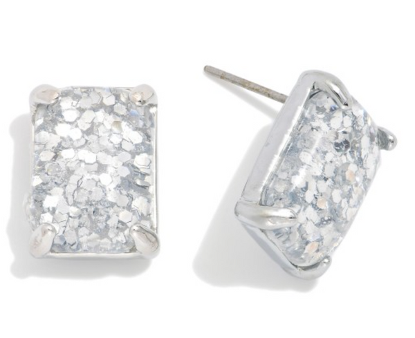 Rectangular Glitter Resin Stud Earrings - Silver
