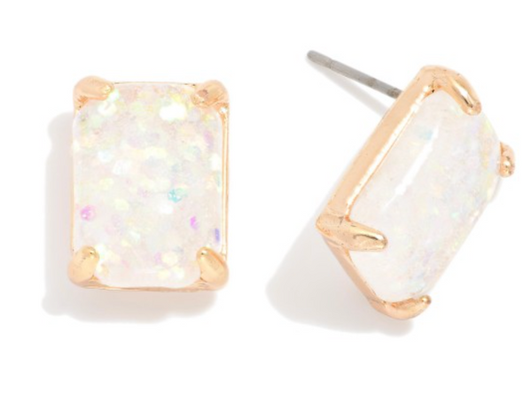Rectangular Glitter Resin Stud Earrings - White